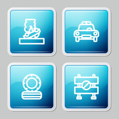 Set line Burning car, Police and flasher, Lying burning tires and Road barrier icon. Vector