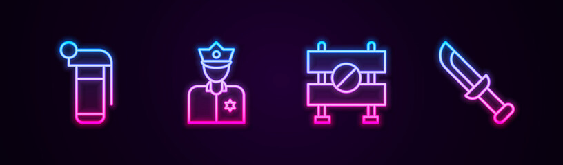 Set line Hand grenade, Police officer, Road barrier and Military knife. Glowing neon icon. Vector