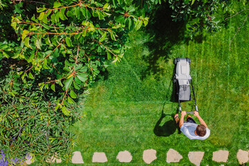 Caucasian gardener mowing backyard garden grass using Cordless electric grass mower. Aerial View.