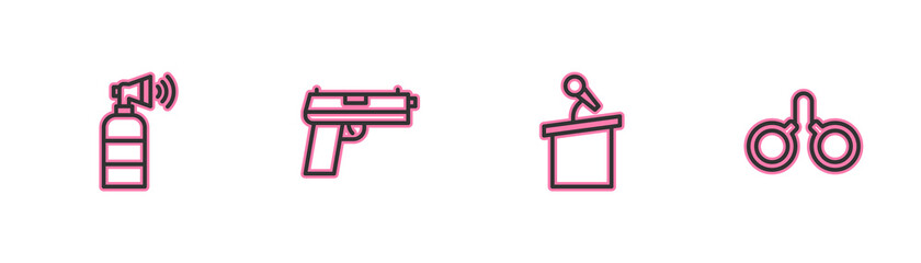 Set line Air horn, Stage stand tribune, Pistol gun and Handcuffs icon. Vector