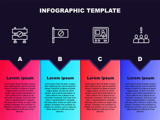 Set line Road barrier, Protest, Television report and Crowd protest. Business infographic template. Vector