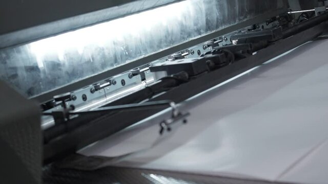 Printing offset machine transfer paper from feeder to ink unit. Printing house.