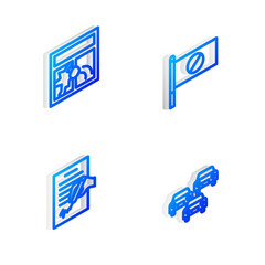 Set Isometric line Protest, Broken window, Petition and Traffic jam icon. Vector