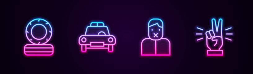 Set line Lying burning tires, Police car and flasher, Censor freedom of speech and Hand showing two finger. Glowing neon icon. Vector © vector_v