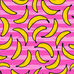 seamless pattern with bananas on pink striped background. Summer textile prints, wrapping paper, wallpaper, scrapbooking, stationary, apparel, etc