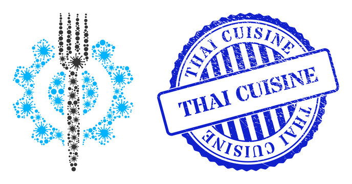Contagious Collage Food Hitech Icon, And Grunge THAI CUISINE Seal Stamp. Food Hitech Collage For Isolation Images, And Rubber Round Blue Watermark.