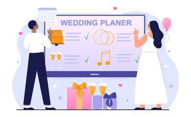 Bride and groom are planning wedding ceremony together. People use online planning service for their wedding. Concept of holiday preparations service management. Flat cartoon vector illustration
