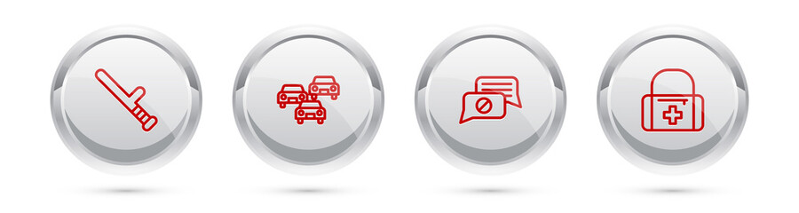Set line Police rubber baton, Traffic jam, Speech bubble chat and First aid kit. Silver circle button. Vector