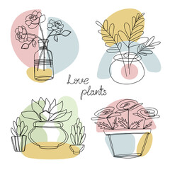 A set of illustrations, plants are drawn with one line.