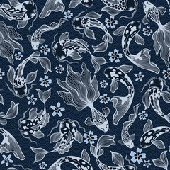 Japanese Koi Fish Vector Seamless Pattern in Deep Blue Colors for Fabric Textile Printing