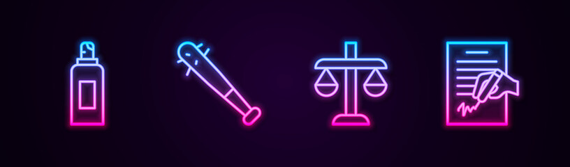 Set line Paint spray can, Baseball bat with nails, Scales of justice and Petition. Glowing neon icon. Vector