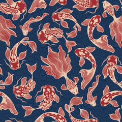Japanese Koi Fish Vector Seamless Pattern in Red and Blue Colors for Fabric Textile Printing