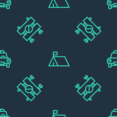 Set line Protest camp, Road barrier and Police car and flasher on seamless pattern. Vector