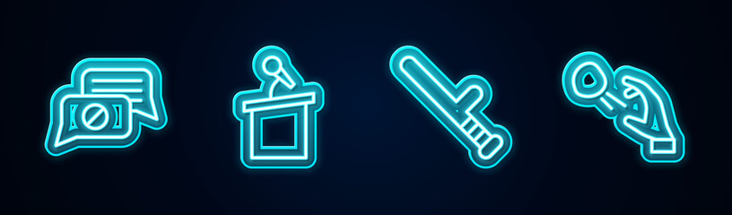 Set line Speech bubble chat, Stage stand or tribune, Police rubber baton and Hooligan shooting stones. Glowing neon icon. Vector