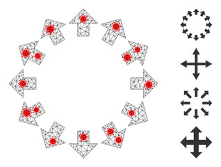 Net radial arrows with infection style. Polygonal carcass radial arrows image in low poly style with connected linear items and red infection nodes.