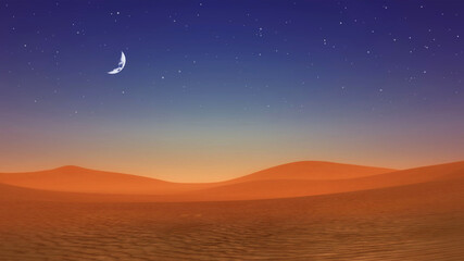 Peaceful sandy desert landscape with half moon and stars in clear night sky above massive sand dunes. With no people minimalist concept 3D illustration from my 3D rendering file.