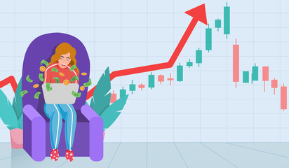 Young women trading stocks market on laptop  get profits,Candlestick graph buy and sell sign, young girl  investing concepts,internet earning cash study, winning plenty of money, vector illustration