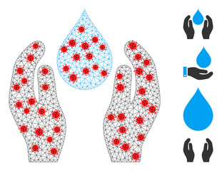 Mesh water care in infection style. Polygonal wireframe water care image in lowpoly style with connected lines and red infection centers.