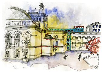Watercolor sketch of Kiev Opera House, Kiev, Ukraine
