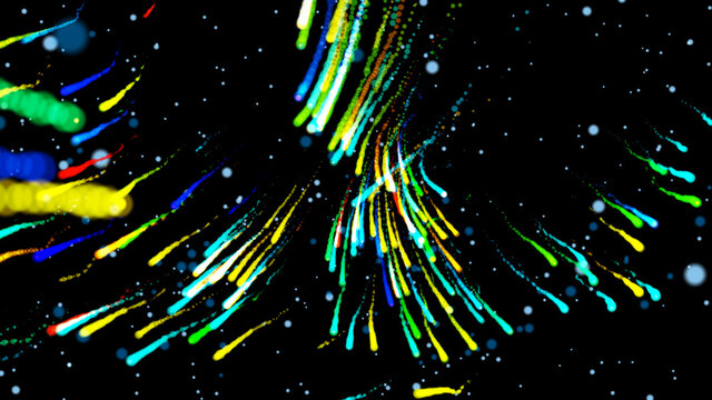 Abstract blurry fireworks in outer space against the background of elementary particles of flying bubbles. Festive decoration of a disco, celebration, anniversary. Isolated black background