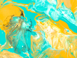 Turquoise and yellow abstract creative  hand painted background, fluid art, marble texture, abstract ocean, acrylic painting on canvas