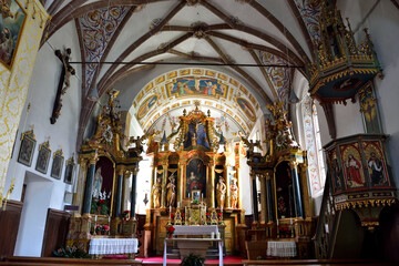 Fototapeta na wymiar interior of the Church of Santa Maddalena in Baroque and late Gothic style Val di Funes Italy