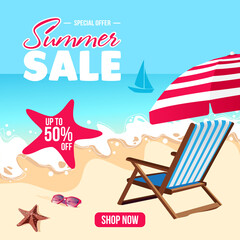 Obraz na płótnie Canvas Summer sale banner design with summer beach with beach umbrella, beach chair, sunglasses, and sea star