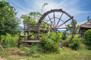 Ancient Water turbine in Tai Dam Cultural Village & Museum chiang khan loei thailand.Chiang Khan is an old town and a very popular destination for Thai tourists