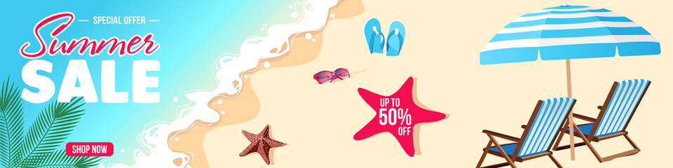 Summer sale horizontal banner design with summer beach with beach umbrella, beach chairs, sunglasses, flip-flop and sea star