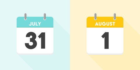 Fototapeta na wymiar 7月の終わりと8月の始まりのカレンダー：7月31日と8月1日の日めくりカレンダーのセット - 夏・月変わりのイメージイラスト