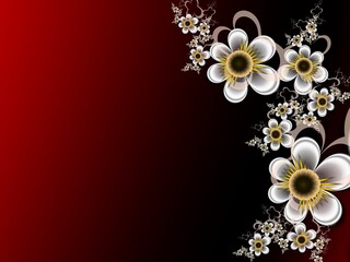 Red fractal image with fantasy flowers. Template with place for inserting your text. Fractal art as red background.