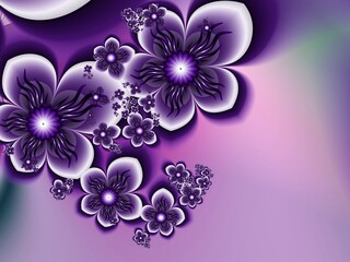 Purple fractal illustration as  background with flower. Creative element for design. Fractal flower rendered by math algorithm. Digital artwork for creative graphic design.