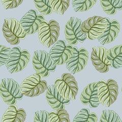 Doodle seamless pattern with random abstract green monstera silhouettes print. Blue background.