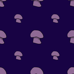 Decorative seamless pattern with minimalistic purple champignon print. Navy blue background.