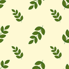 Seamless autumn leaves pattern. Green fall leaves. Pattern in flat style. Leaves in autumn colors. Background for your cards, illustrations, wallpaper, gift paper. 