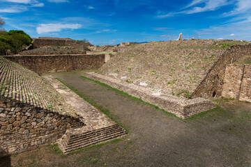 View of the ballgame court at the Monte Albán pyramid complex in Oaxaca, Mexico - obrazy, fototapety, plakaty