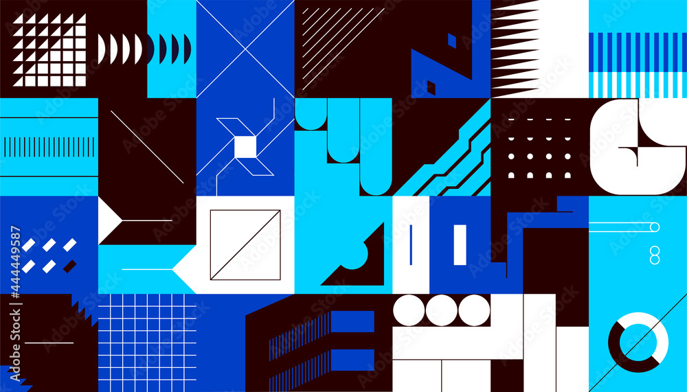 Poster Abstract square shapes. Minimalistic geometric figures in brutalism style. Presentation layout design elements set. Decorative blocks and line contour forms. Vector contemporary art