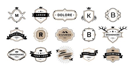 Quality emblem. Premium vintage badges. Luxury brand stamps. Graphic business logos with ribbons and crowns. Calligraphic label frames mockup. Vector elegant wreath decorations set