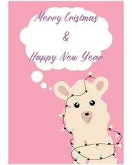 Vector illustration. Greeting card with llama. Hello 2022 with alpaca on background. Merry christmas and happy new year