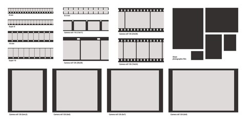 Film photo frame. Negative photography strip. Vintage movie and video border template. Retro cinema filmstrip. Black and white blank camera roll tapes set. Vector cinematography reel