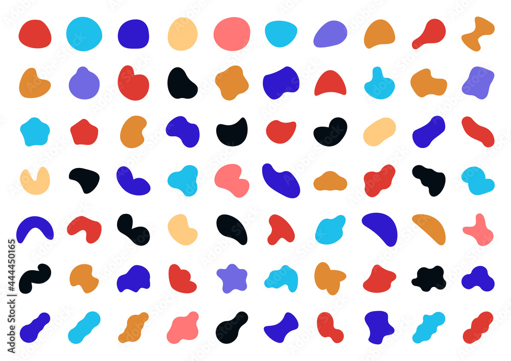 Poster Blob shape. Abstract round fluid asymmetric elements. Irregular oval organic blotches. Ink blot templates. Random colorful pebbles and stones. Vector decorative minimal paint stains set