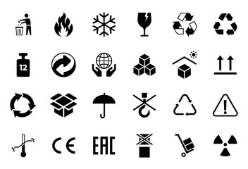 Packaging symbols. Cartoon shipping transportation and warning icons. Temperature, fragile and do not wet attention signs template. Parcel protection symbols. Vector caution label set