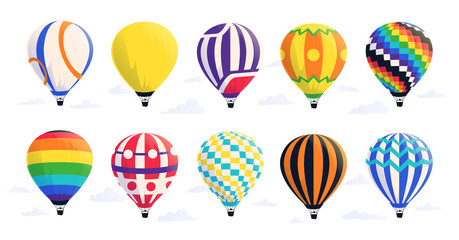 Cartoon air balloons. Hot airship with baskets and domes in sky. Summer journey and travel symbol. Flight of colorful striped aerostat. Isolated flying transport. Vector vehicle set