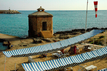 Santa Maria di Leuca. Puglia. Spiaggia con cabine da mare in stile Eclettico.
