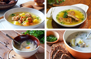 Tasty calorie traditional soups with meat, salmon and mushrooms set