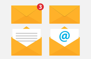 Yellow mail icon set in flat design style.Vector illustration isolated on white background.