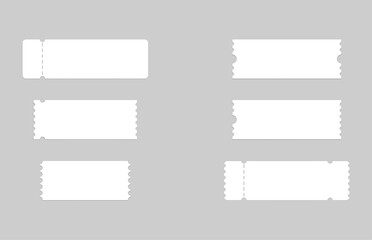 Set of blank ticket mockup template. Realistic White paper coupon isolated on grey background.