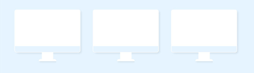 Realistic Three Desktop PC Vector Mockup. Trendy Desktop PC Template with Blank Screen for Design App