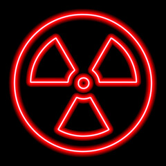 Obraz premium Red neon radiation icon on a black background