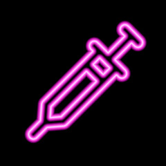 Pink neon stylized syringe contour on a black background